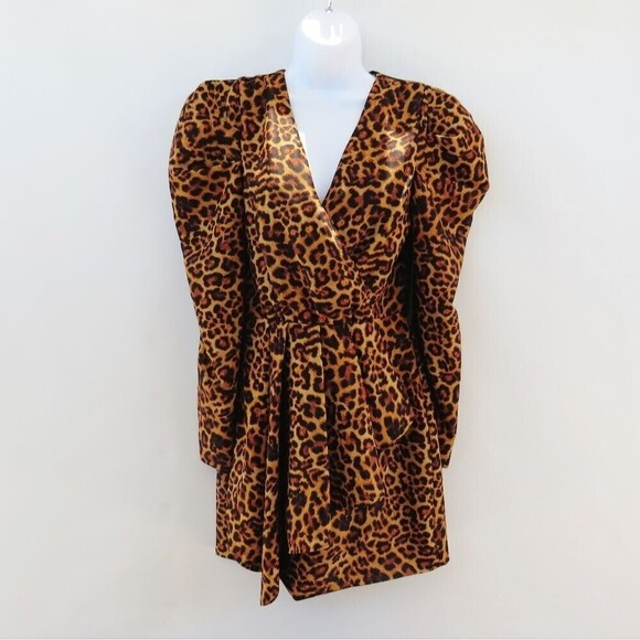 Lovers + Friends Dress Womens Small New Leopard Animal Print Puff Sleeve Mini - Picture 5 of 16